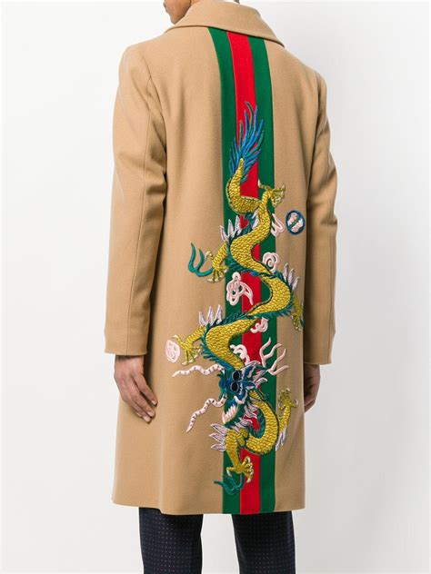 mens gucci dragon embroide red peacoat|gucci hooded jacket men.